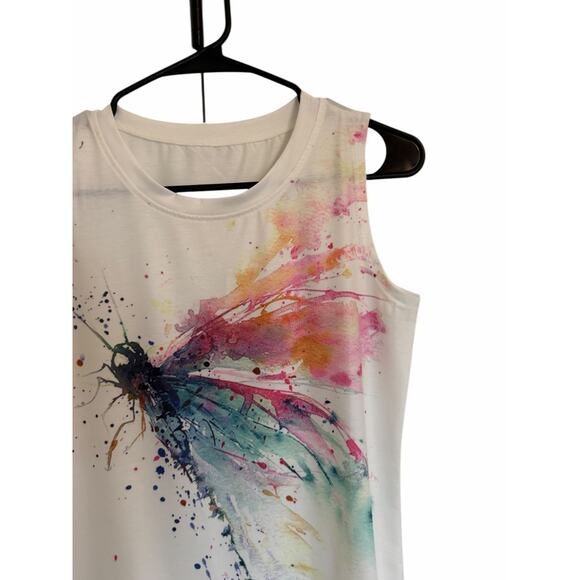 Women's Small White Mulitcolor Dragonfly Print Sleeveless Round Neck Loose Tank - Picture 5 of 14